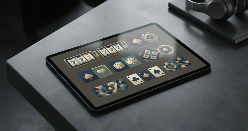 Abstract editorial illustration of online slot reels and browsing controls