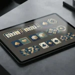 Abstract editorial illustration of online slot reels and browsing controls
