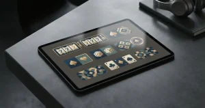 Abstract editorial illustration of online slot reels and browsing controls